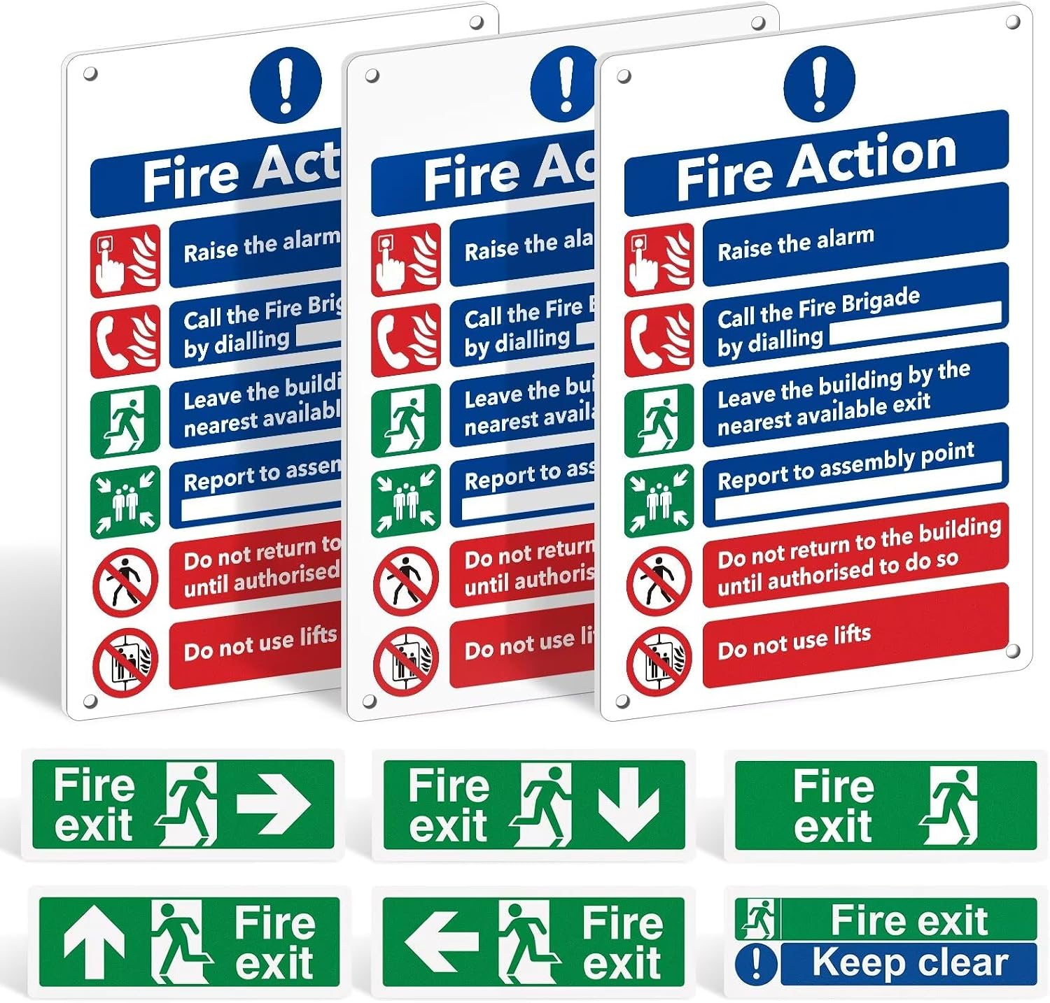 Fire Safety Signs Pack of 9, Fire Action Notice, Exit & Keep Clear Set — image 1