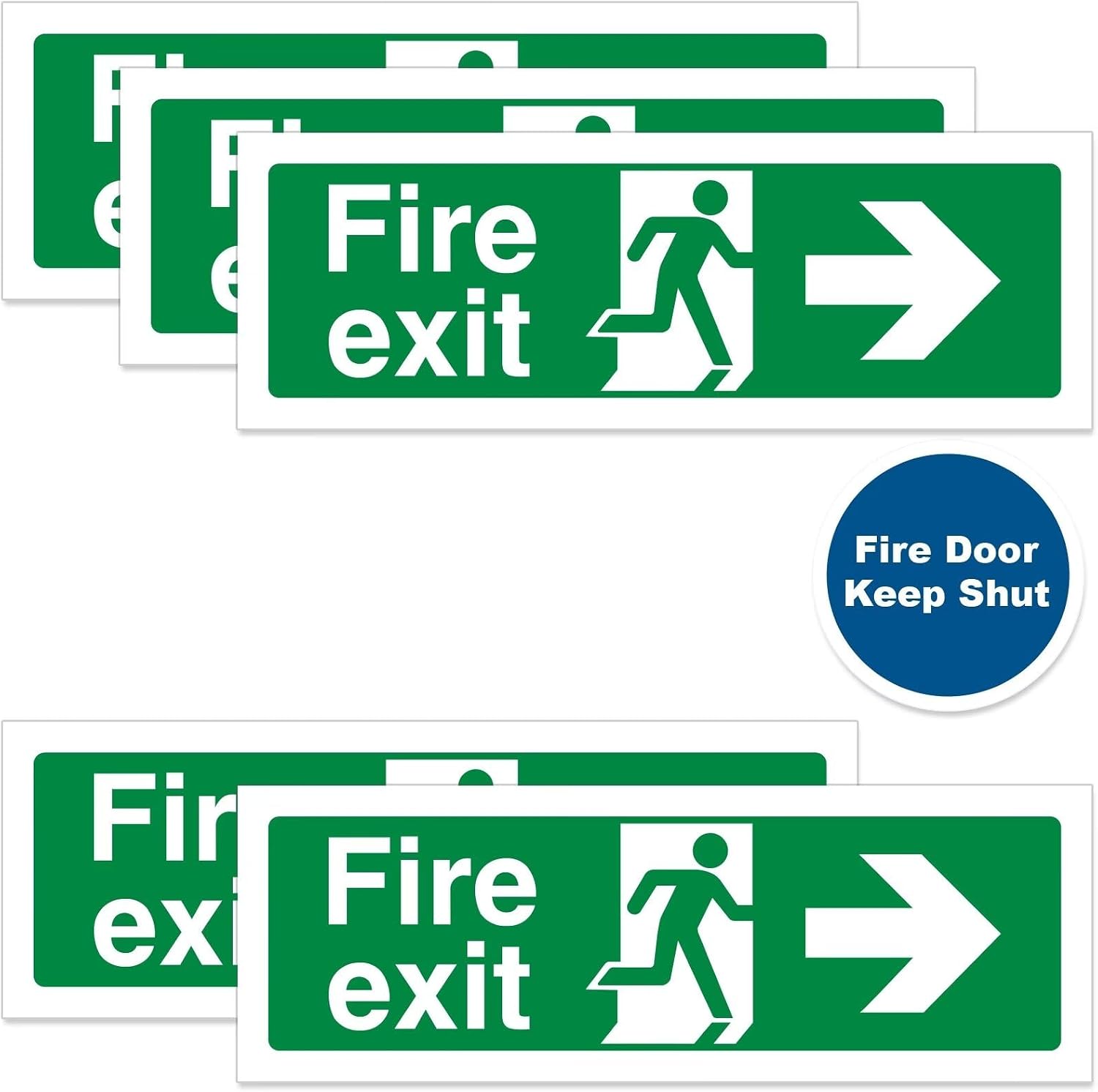5+1 Fire Exit Sign Arrow Left - Landscape - 300mm x 100mm - PVC sticker with Self-Adhesive Backing, 1pc Fire Door Keep Shut — image 1