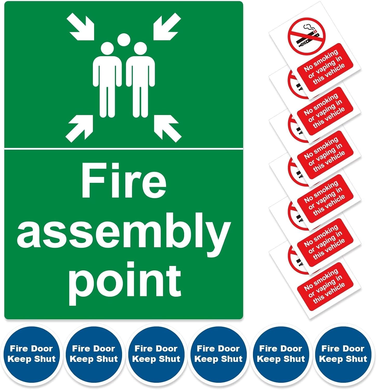 13Pcs Safety Signs Set - 1 Fire Assembly Point Sign, 6 No Smoking Stickers for Vehicles and 6 Fire Door Keep Shut - Matte Rigid Plastic Fire Assembly Point with Pre-Drilled Holes — image 1