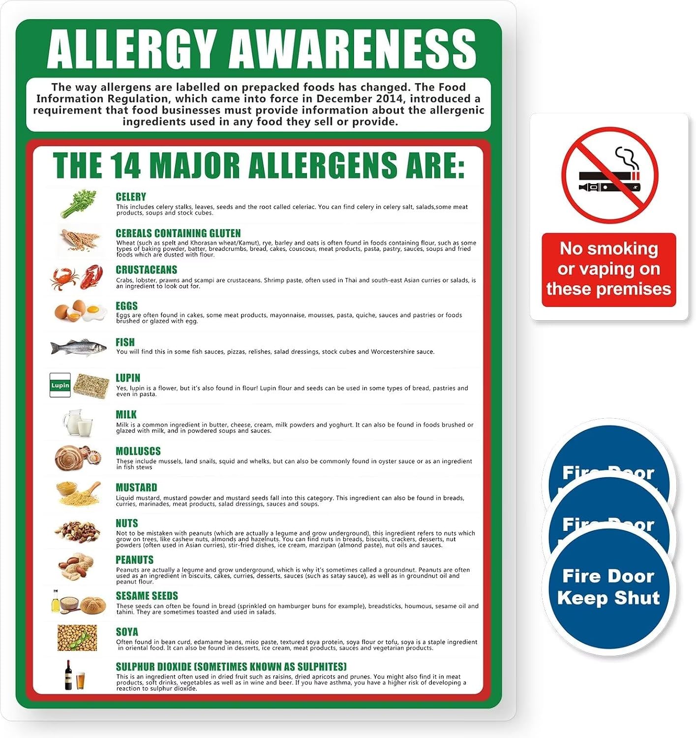 1 Food Allergy Awareness Poster, 1 No Smoking or Vaping on These Premises and 3 Fire Door Keep Shut, Health and Safety Poster for Kitchens — image 1