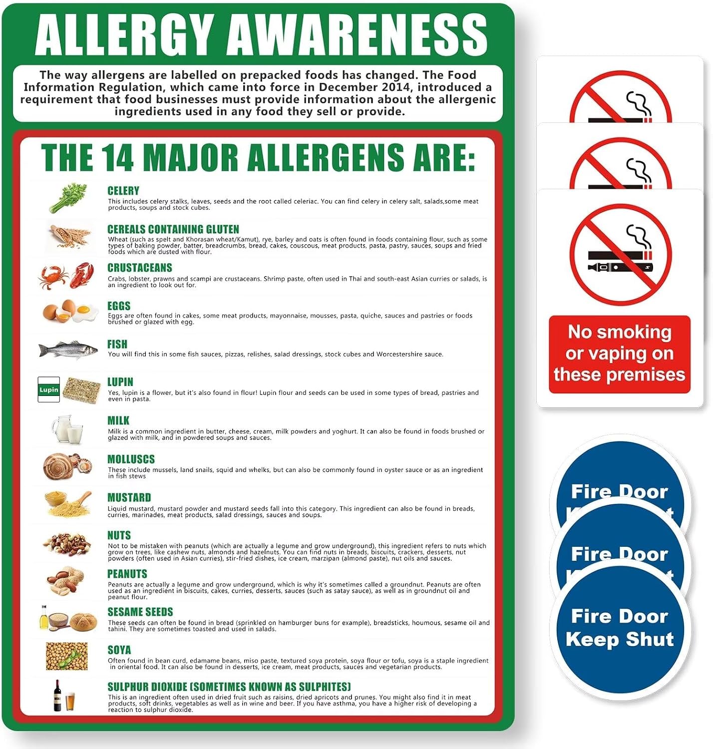 1 Food Allergy Awareness Sticker, 3 No Smoking or Vaping on These Premises and 3 Fire Door Keep Shut, Matte Self-Adhesive Vinyl Stickers — image 1