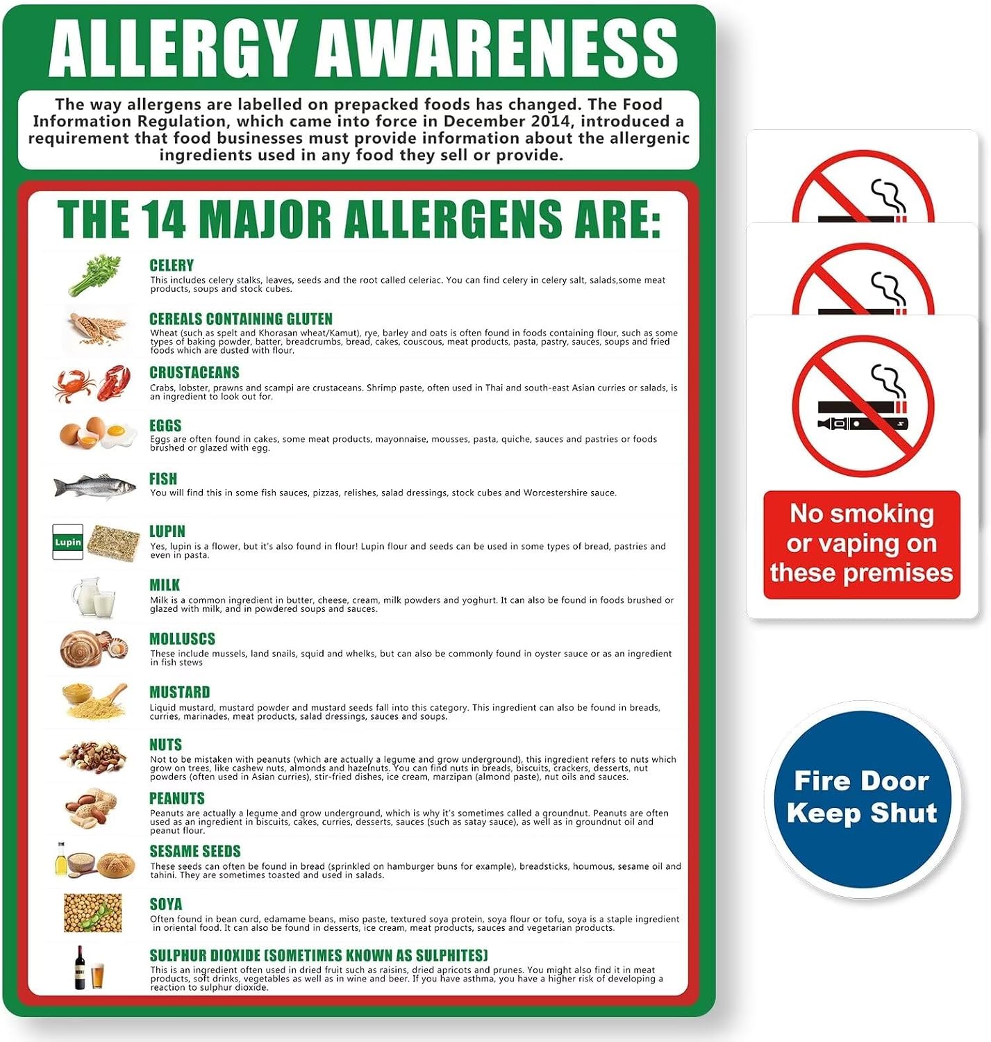 1 Food Allergy Awareness Sticker, 3 No Smoking or Vaping on These Premises and 1 Fire Door Keep Shut, Matte Self-Adhesive Vinyl Stickers — image 1