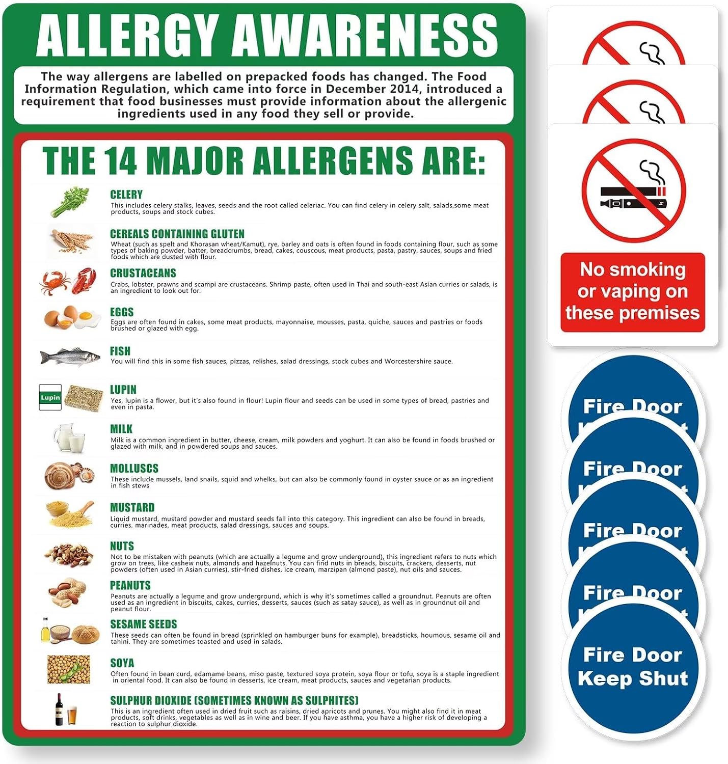 1 Food Allergy Awareness Sticker, 3 No Smoking or Vaping on These Premises and 5 Fire Door Keep Shut, Matte Self-Adhesive Vinyl Stickers — image 1