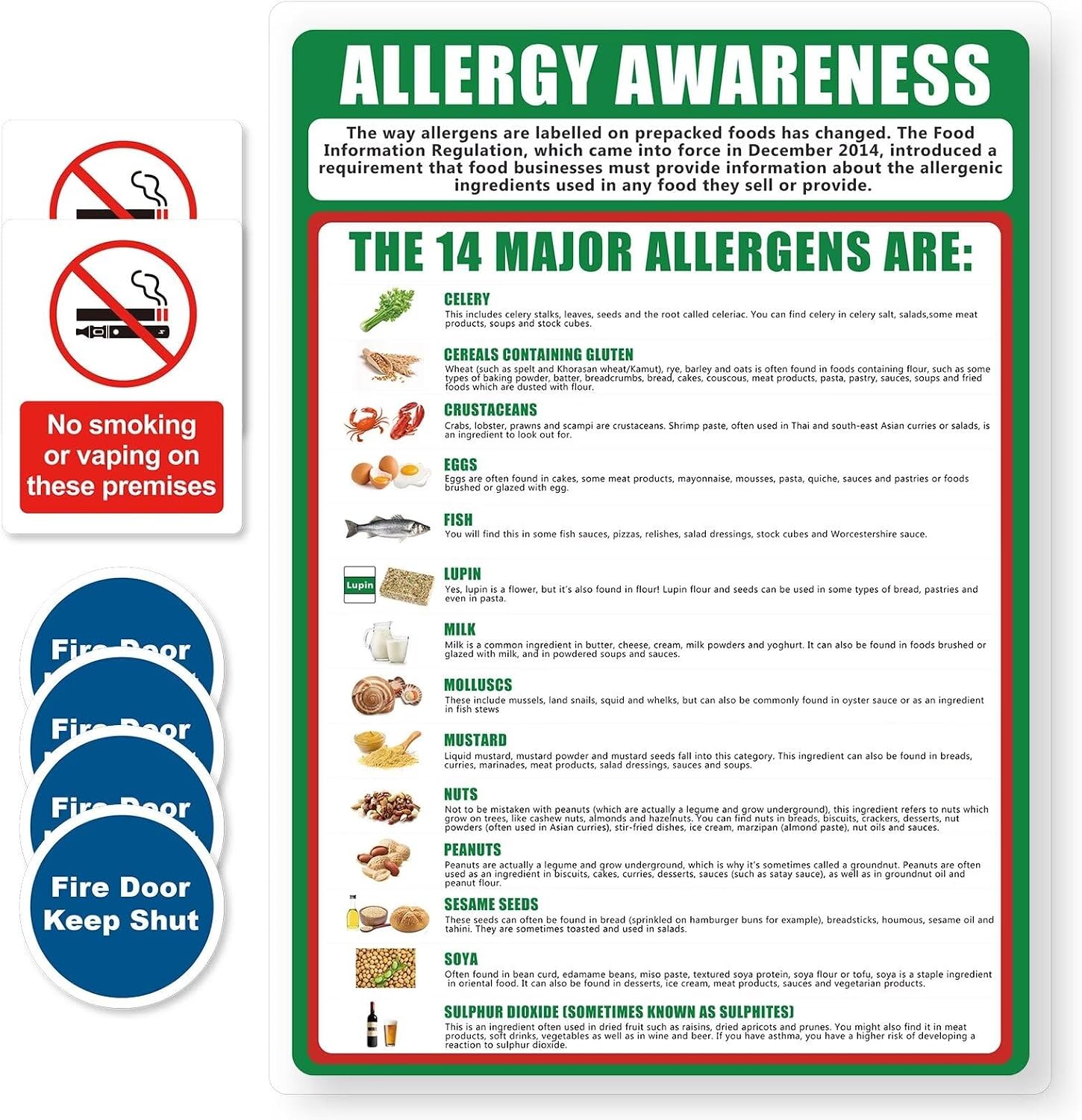 1 Food Allergy Awareness Poster, 2 No Smoking or Vaping on These Premises and 4 Fire Door Keep Shut, Health and Safety Poster for Kitchens — image 1