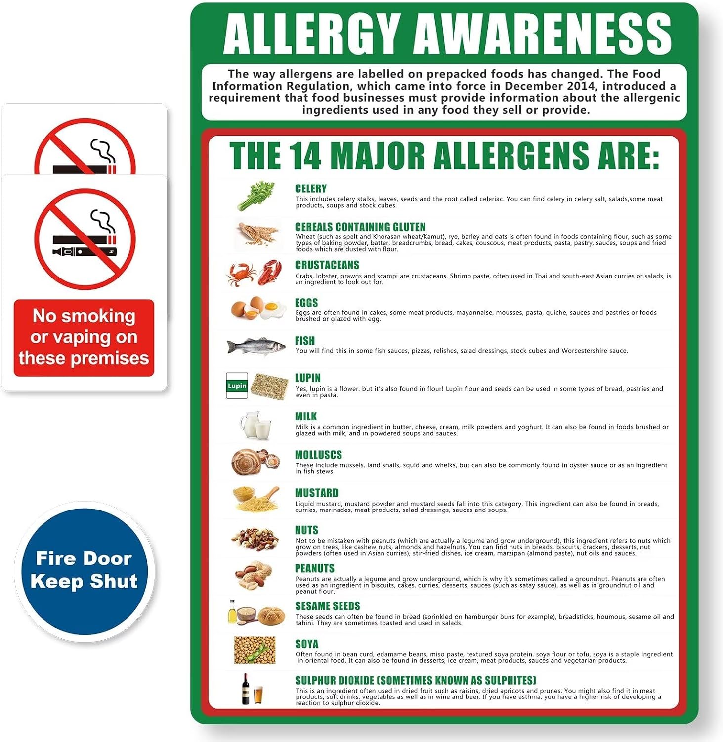 1 Food Allergy Awareness Sticker, 2 No Smoking or Vaping on These Premises and 1 Fire Door Keep Shut, Matte Self-Adhesive Vinyl Stickers — image 1