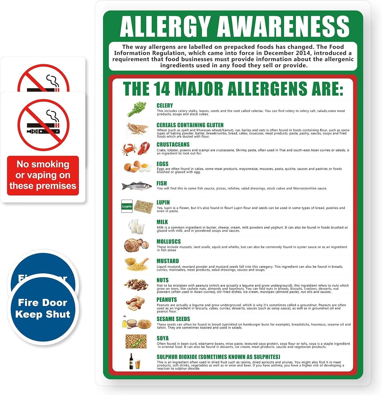 1 Food Allergy Awareness Poster, 2 No Smoking or Vaping on These Premises and 2 Fire Door Keep Shut, Health and Safety Poster for Kitchens — image 1