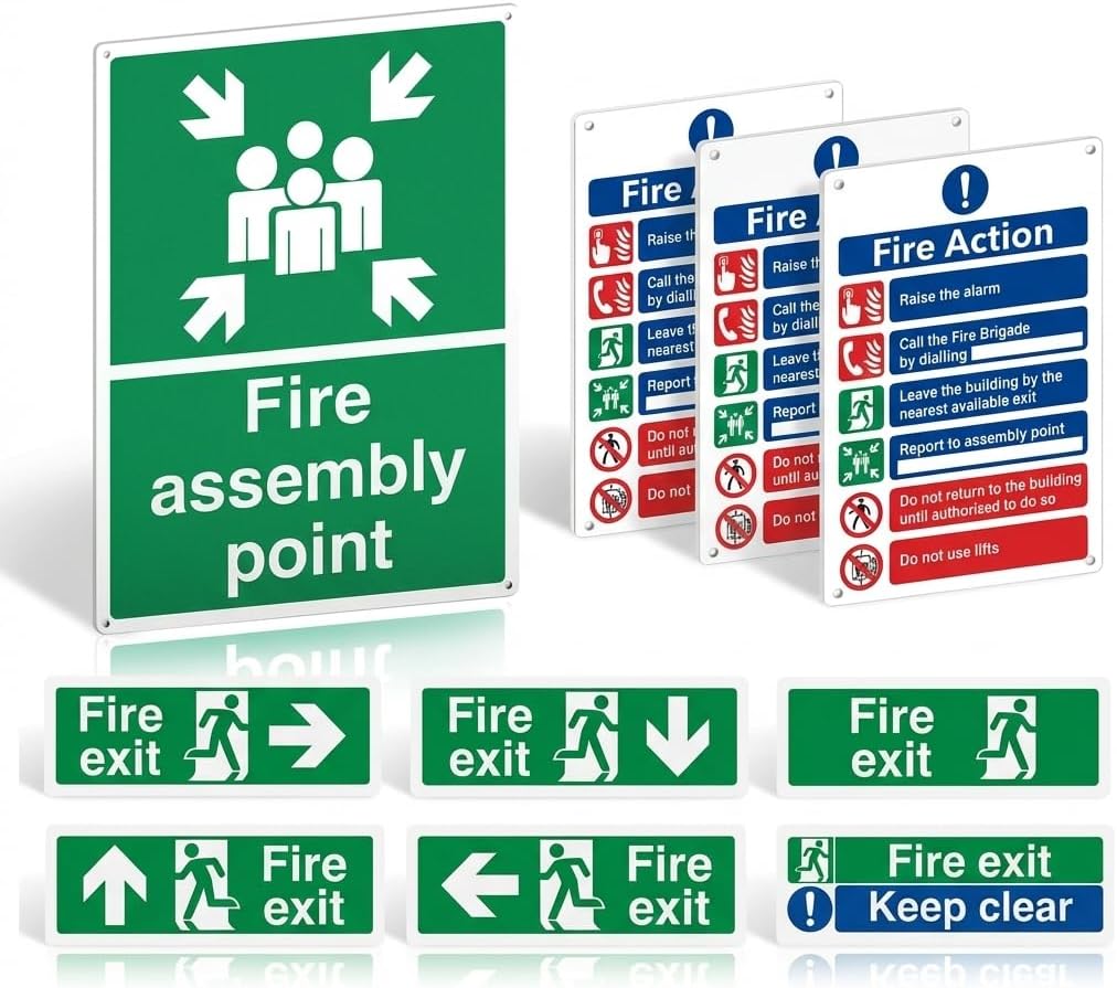 Fire Assembly Point Sign + Fire Safety Signs Pack of 9 - Outdoor Emergency Fire Signage Kit, 1mm Rigid Plastic, Self-Adhesive & Pre-Drilled, UK Compliant — image 1
